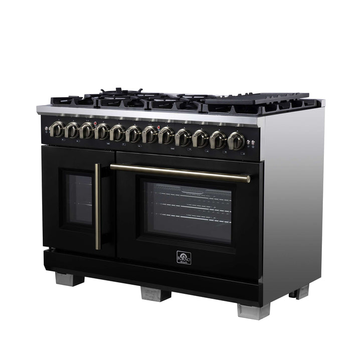 Forno Capriasca 48 Inch Freestanding French Door Dual Fuel Range in Black with Antique Brass Accessories, 8 Burners, True Convection Oven