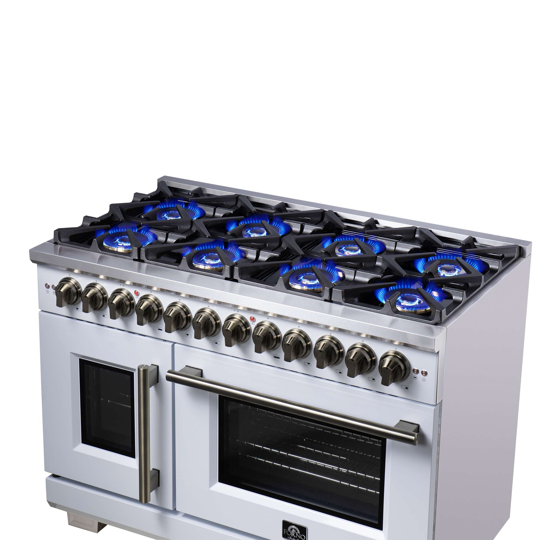 Forno Capriasca 48 Inch Freestanding French Door Dual Fuel Range in White with Antique Brass Accessories, 8 Burners, True Convection Oven