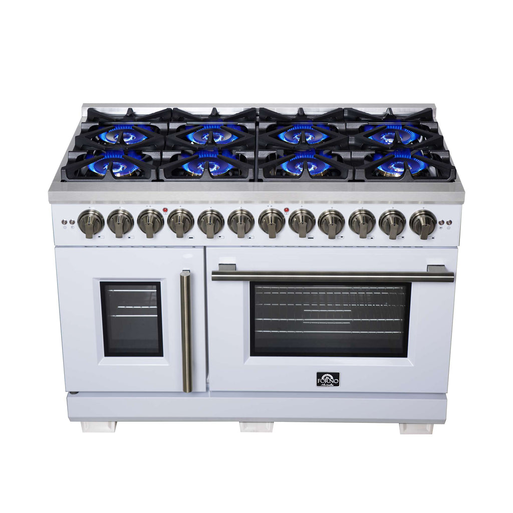 Forno Capriasca 48 Inch Freestanding French Door Dual Fuel Range in White with Antique Brass Accessories, 8 Burners, True Convection Oven