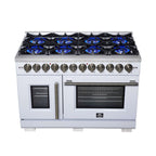 Forno Capriasca 48 Inch Freestanding French Door Dual Fuel Range in White with Antique Brass Accessories, 8 Burners, True Convection Oven