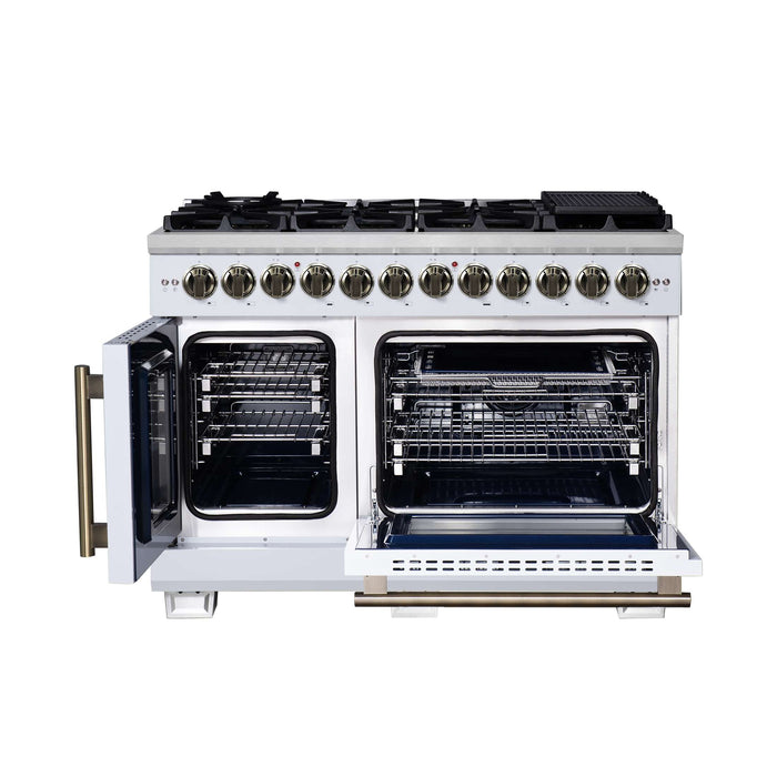 Forno Capriasca 48 Inch Freestanding French Door Dual Fuel Range in White with Antique Brass Accessories, 8 Burners, True Convection Oven