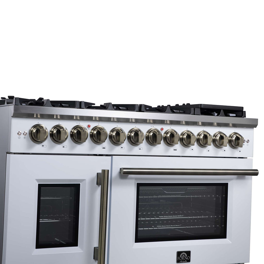 Forno Capriasca 48 Inch Freestanding French Door Dual Fuel Range in White with Antique Brass Accessories, 8 Burners, True Convection Oven
