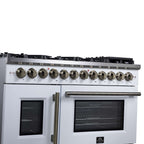 Forno Capriasca 48 Inch Freestanding French Door Dual Fuel Range in White with Antique Brass Accessories, 8 Burners, True Convection Oven
