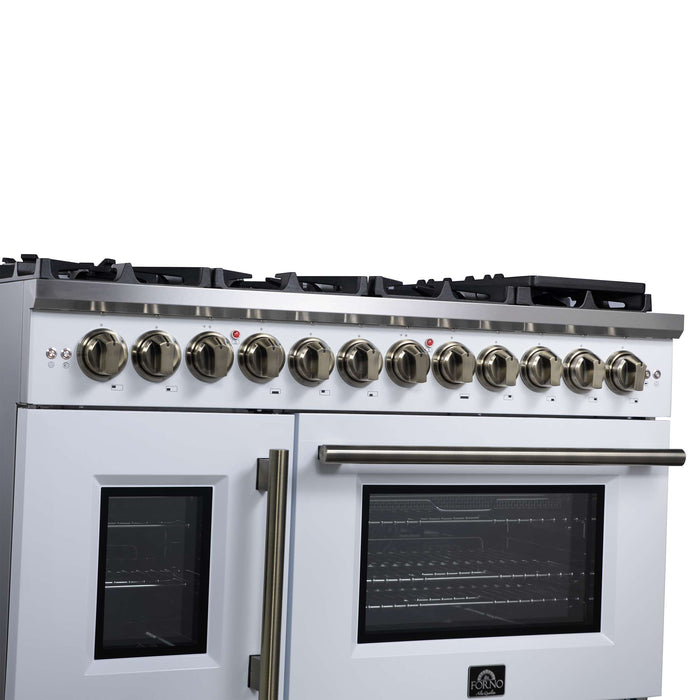 Forno Capriasca 48 Inch Freestanding French Door Dual Fuel Range in White with Antique Brass Accessories, 8 Burners, True Convection Oven