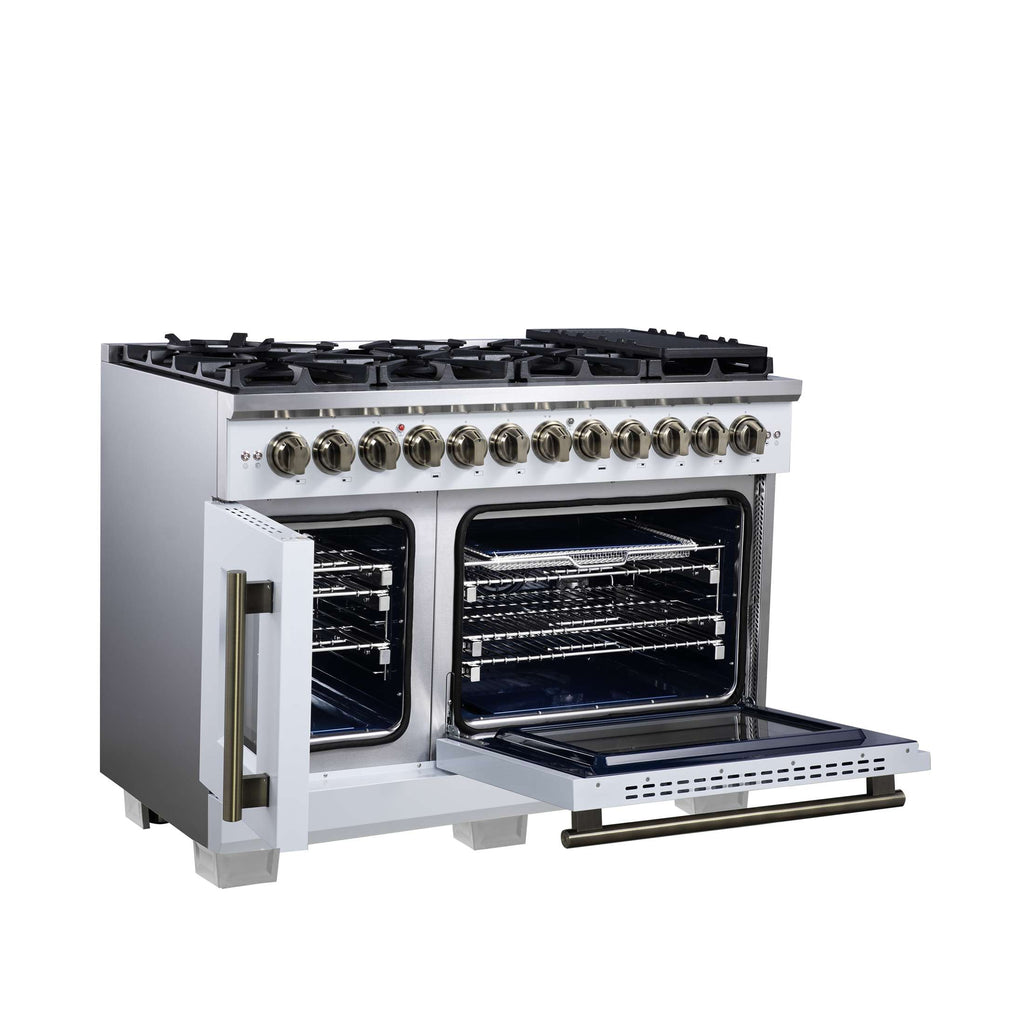 Forno Capriasca 48 Inch Freestanding French Door Dual Fuel Range in White with Antique Brass Accessories, 8 Burners, True Convection Oven