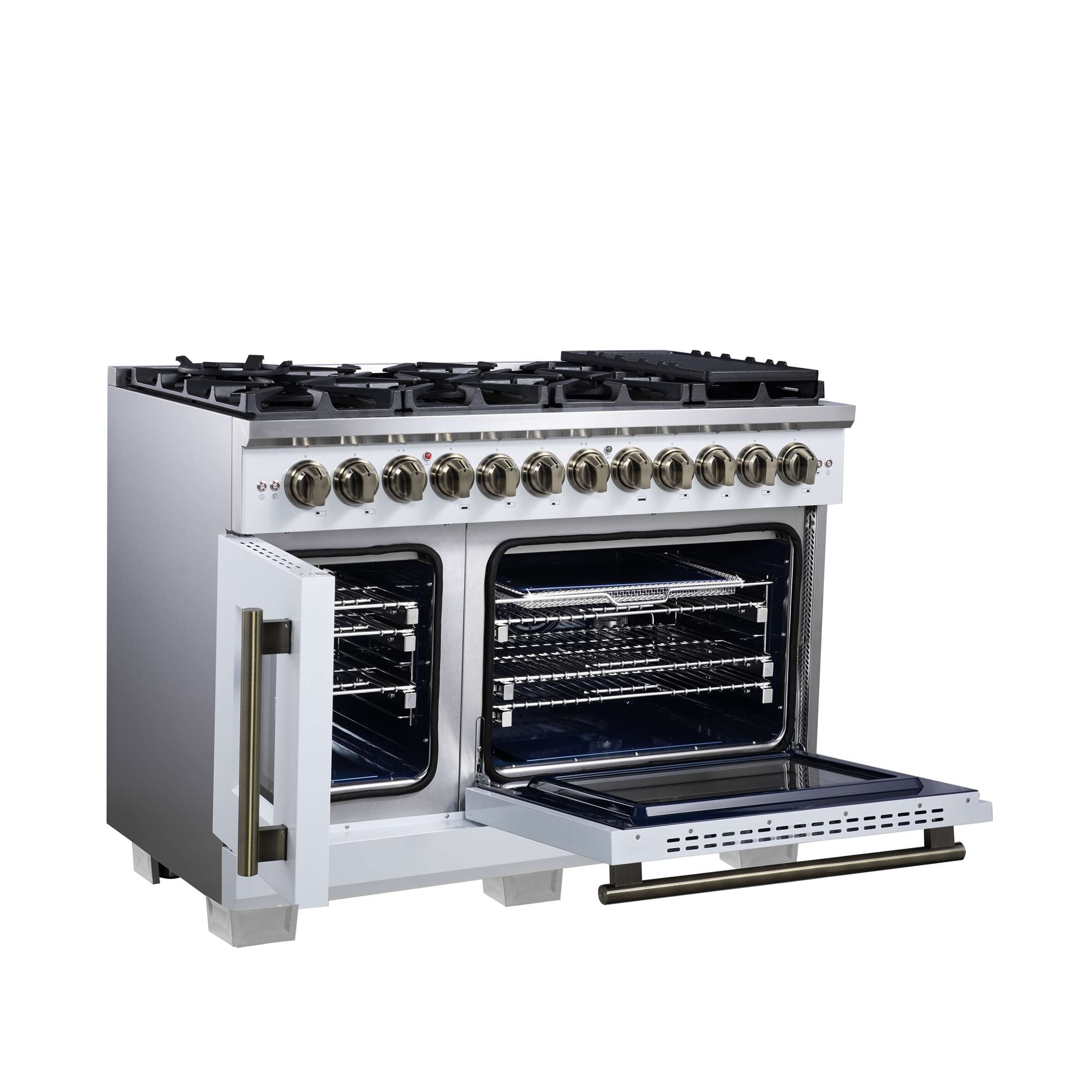 Forno Capriasca 48 Inch Freestanding French Door Dual Fuel Range in White with Antique Brass Accessories, 8 Burners, True Convection Oven
