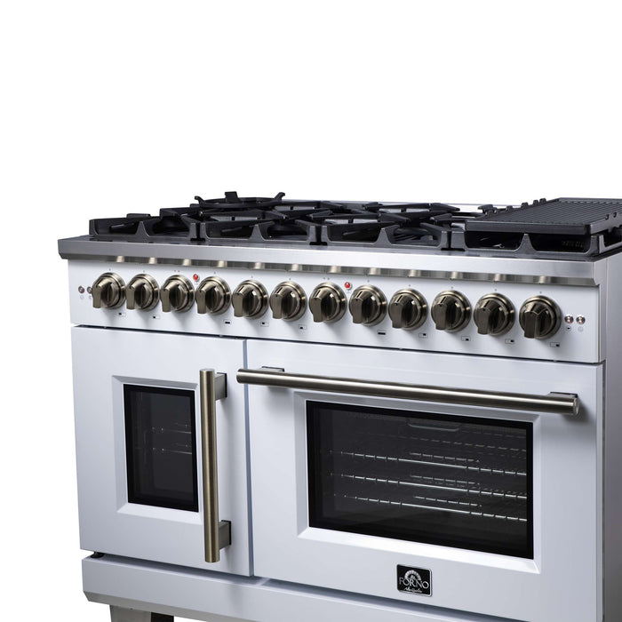 Forno Capriasca 48 Inch Freestanding French Door Dual Fuel Range in White with Antique Brass Accessories, 8 Burners, True Convection Oven
