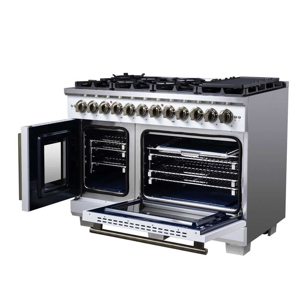 Forno Capriasca 48 Inch Freestanding French Door Dual Fuel Range in White with Antique Brass Accessories, 8 Burners, True Convection Oven