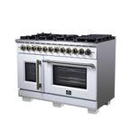 Forno Capriasca 48 Inch Freestanding French Door Dual Fuel Range in White with Antique Brass Accessories, 8 Burners, True Convection Oven