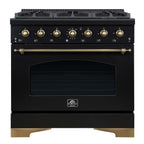 Forno Antico 36-inch Dual Fuel Range, Black and Antique Brass, 6 Burners, 4.5 cu.ft. Convection Oven