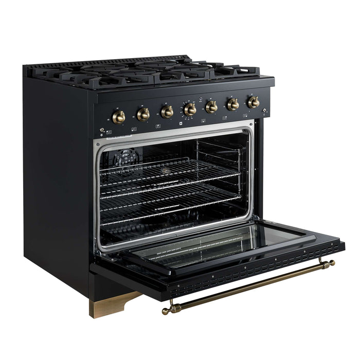 Forno Antico 36-inch Dual Fuel Range, Black and Antique Brass, 6 Burners, 4.5 cu.ft. Convection Oven