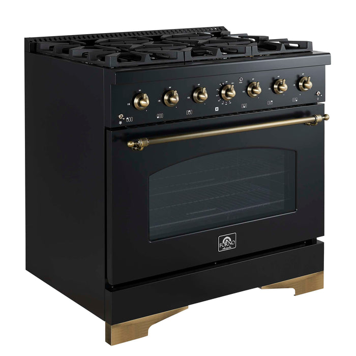 Forno Antico 36-inch Dual Fuel Range, Black and Antique Brass, 6 Burners, 4.5 cu.ft. Convection Oven