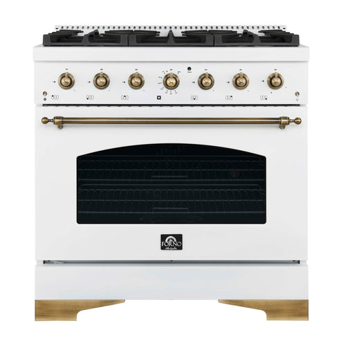 Forno Antico 36-inch Dual Fuel Range White and Antique Brass Design with 6 Sealed Gas Burners and Electric Convection Oven