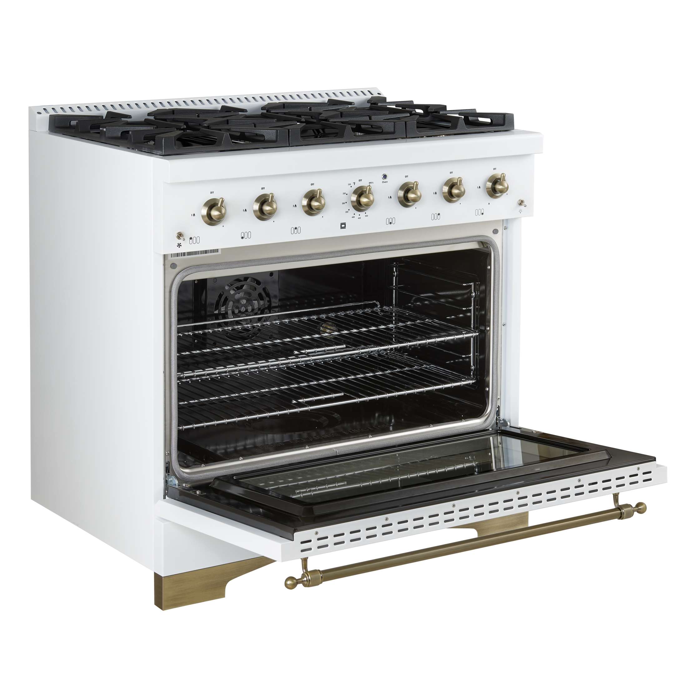 Forno Antico 36-inch Dual Fuel Range White and Antique Brass Design with 6 Sealed Gas Burners and Electric Convection Oven