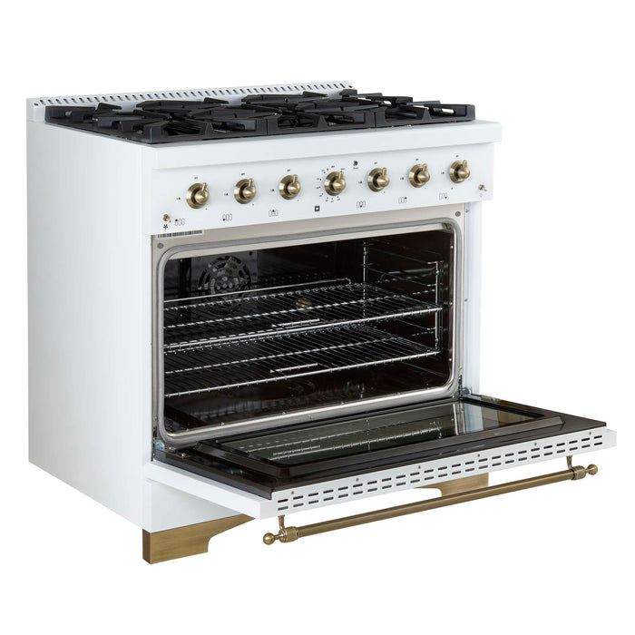 Forno Antico 36-inch Dual Fuel Range White and Antique Brass Design with 6 Sealed Gas Burners and Electric Convection Oven