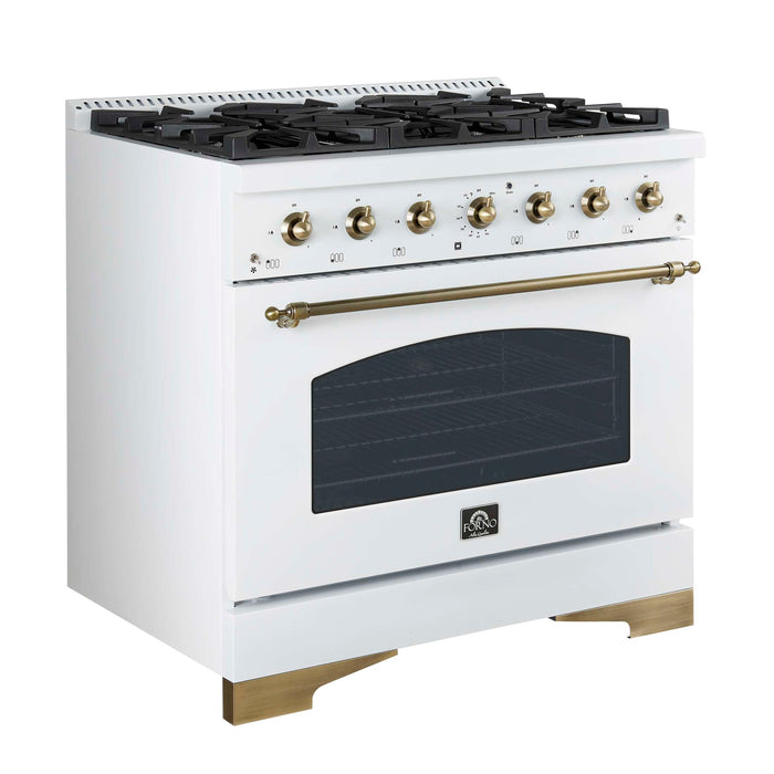 Forno Antico 36-inch Dual Fuel Range White and Antique Brass Design with 6 Sealed Gas Burners and Electric Convection Oven