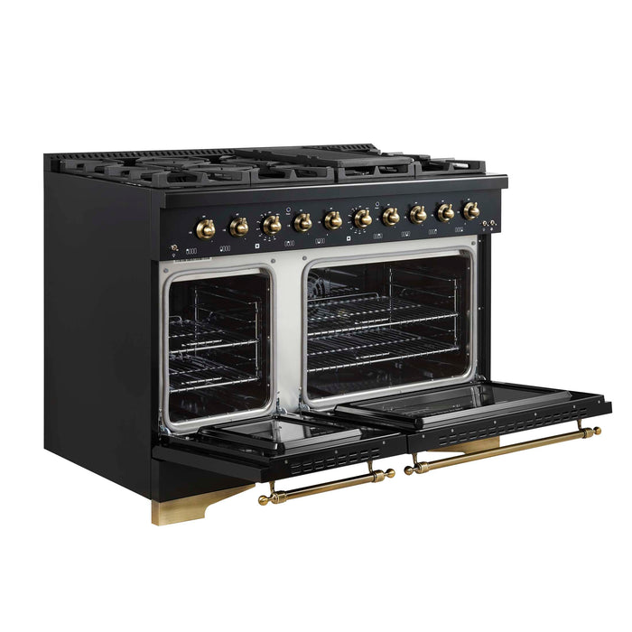 Forno Antico 48-Inch Dual Fuel Range, Black with Antique Brass Finish, 8 Burners, 94,000 BTU, 5.5 cu.ft. Double Ovens & Griddle