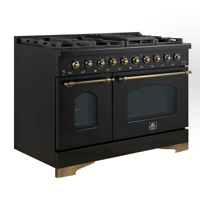 Forno Antico 48-Inch Dual Fuel Range, Black with Antique Brass Finish, 8 Burners, 94,000 BTU, 5.5 cu.ft. Double Ovens & Griddle