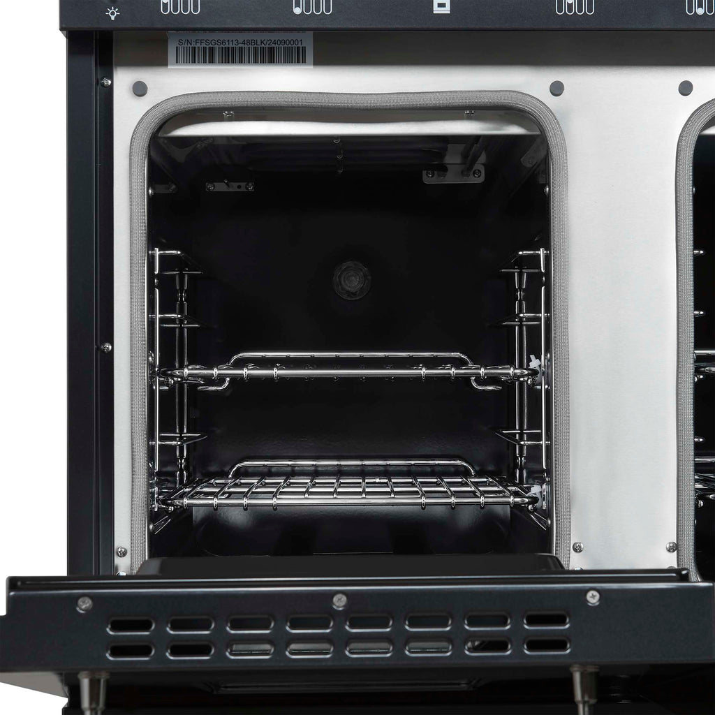 Forno Antico 48-Inch Dual Fuel Range, Black with Antique Brass Finish, 8 Burners, 94,000 BTU, 5.5 cu.ft. Double Ovens & Griddle
