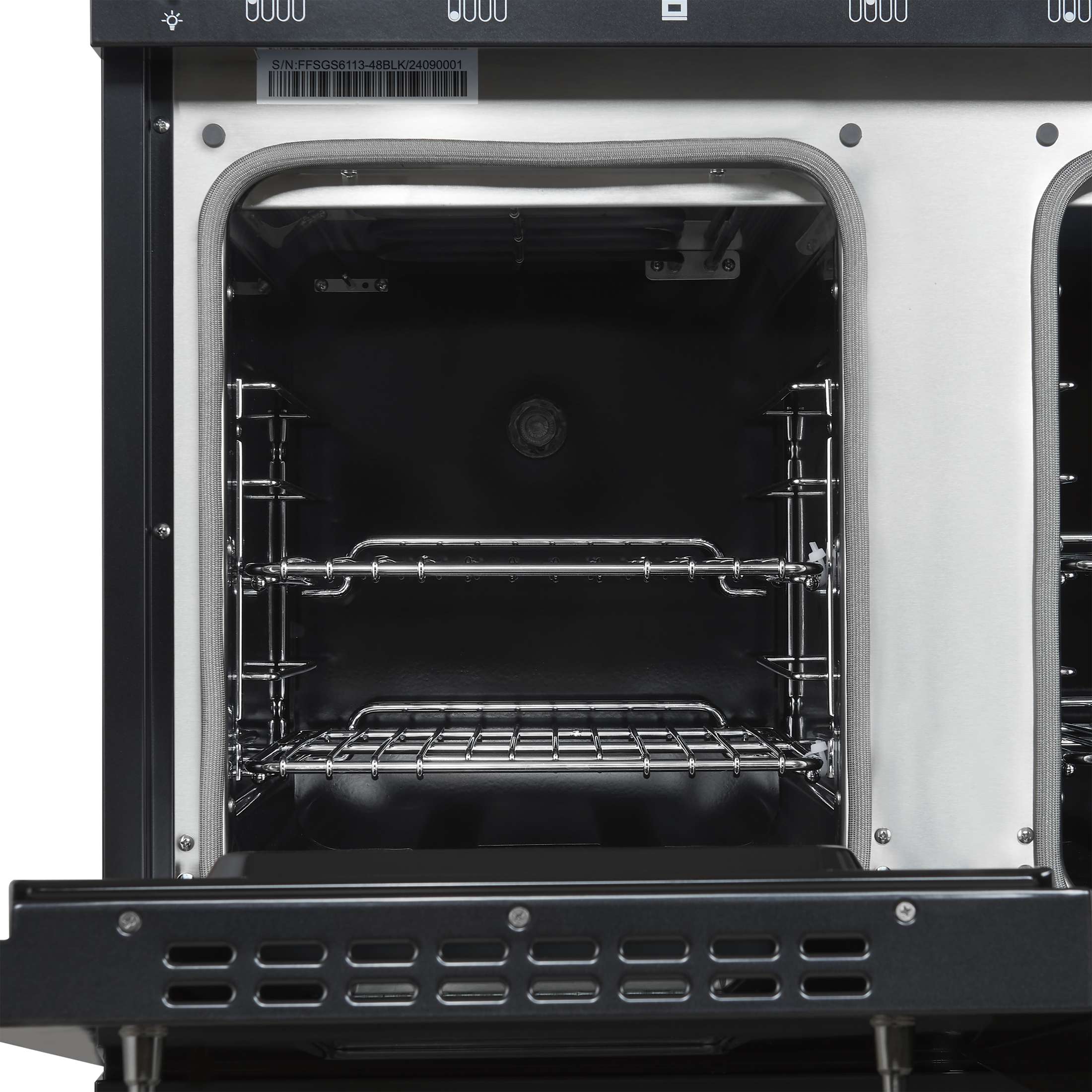 Forno Antico 48-Inch Dual Fuel Range, Black with Antique Brass Finish, 8 Burners, 94,000 BTU, 5.5 cu.ft. Double Ovens & Griddle
