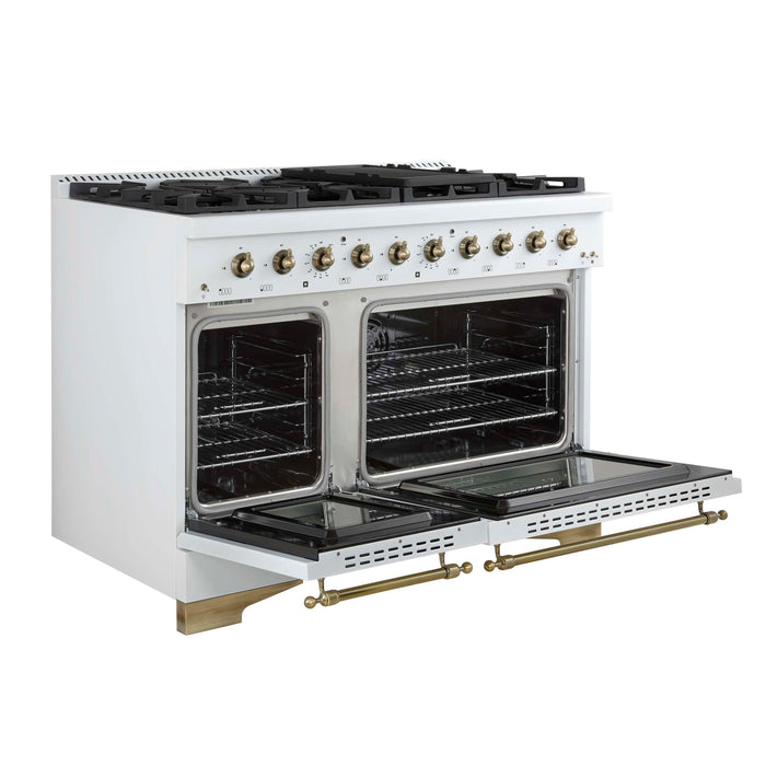 Forno Antico 48-Inch Dual Fuel Range, White with Antique Brass Finish, 8 Burners, 94,000 BTU, 5.5 cu.ft. Double Ovens & Griddle