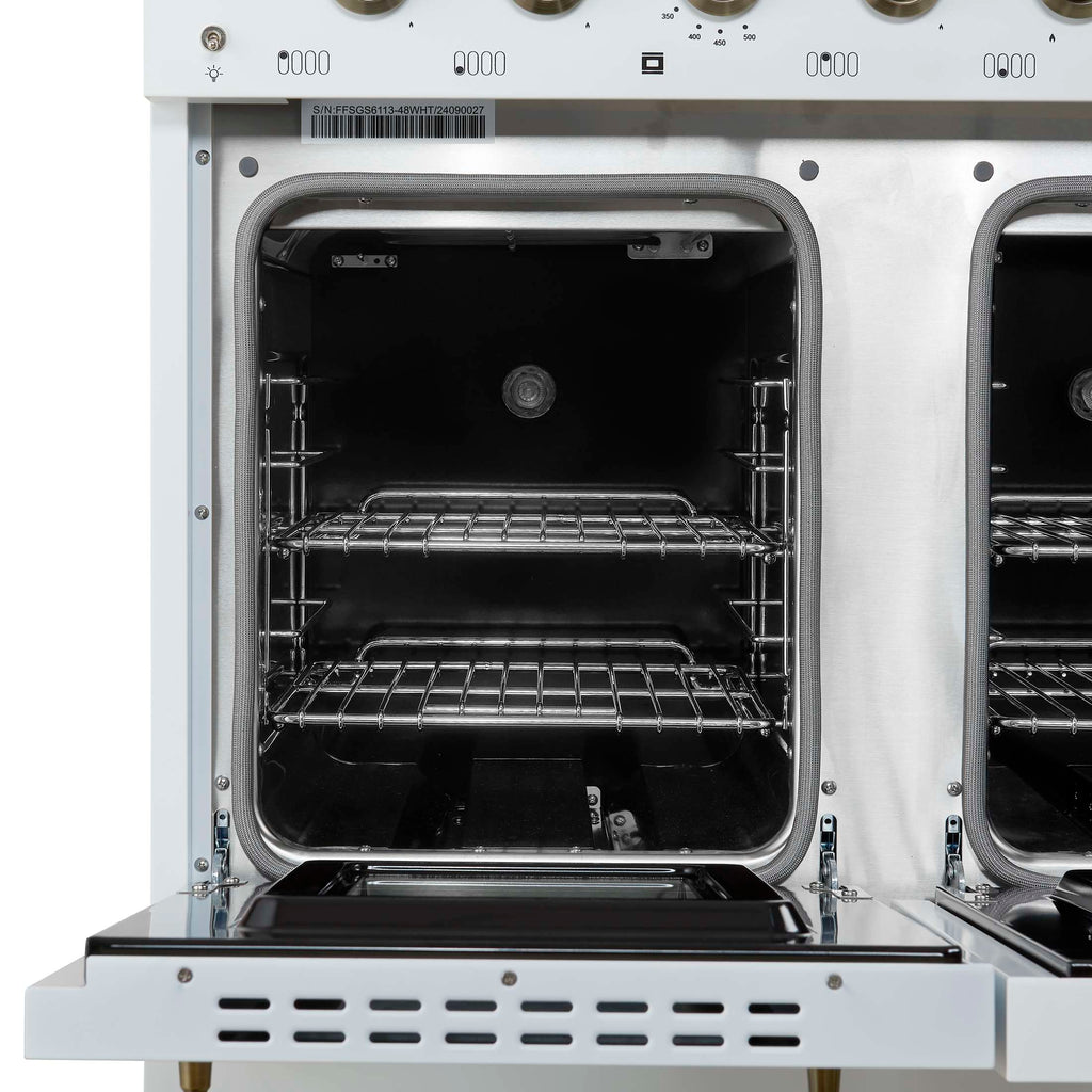Forno Antico 48-Inch Dual Fuel Range, White with Antique Brass Finish, 8 Burners, 94,000 BTU, 5.5 cu.ft. Double Ovens & Griddle