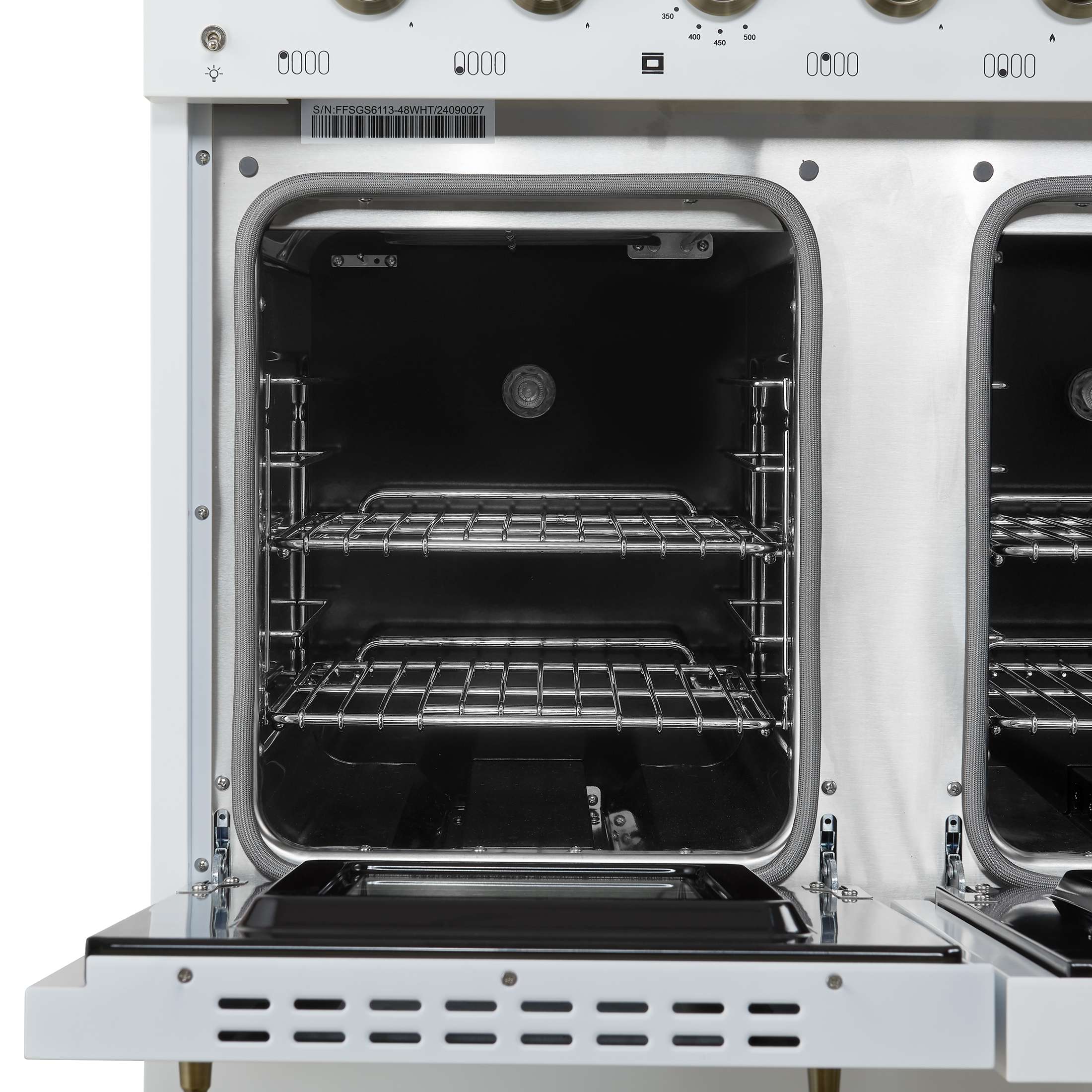 Forno Antico 48-Inch Dual Fuel Range, White with Antique Brass Finish, 8 Burners, 94,000 BTU, 5.5 cu.ft. Double Ovens & Griddle