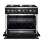 Forno Galiano 36-inch Dual Fuel Range in Black & Antique Brass Design, 6 Sealed Burners 83,000 BTU, 5.36 cu.ft. True Convection Oven
