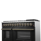 Galiano 48-inch Dual Fuel Range Black & Antique Brass Design with 8 Sealed Burners 107,000 BTU, 6.58 cu. ft. double ovens & Griddle