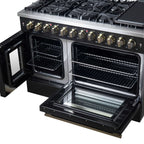 Forno Galiano 48-inch French Door Dual Fuel Range, Black & Antique Brass Design, 8 Sealed Burners - 107,000 BTU, Griddle, 6.58 cu.ft. Double Ovens