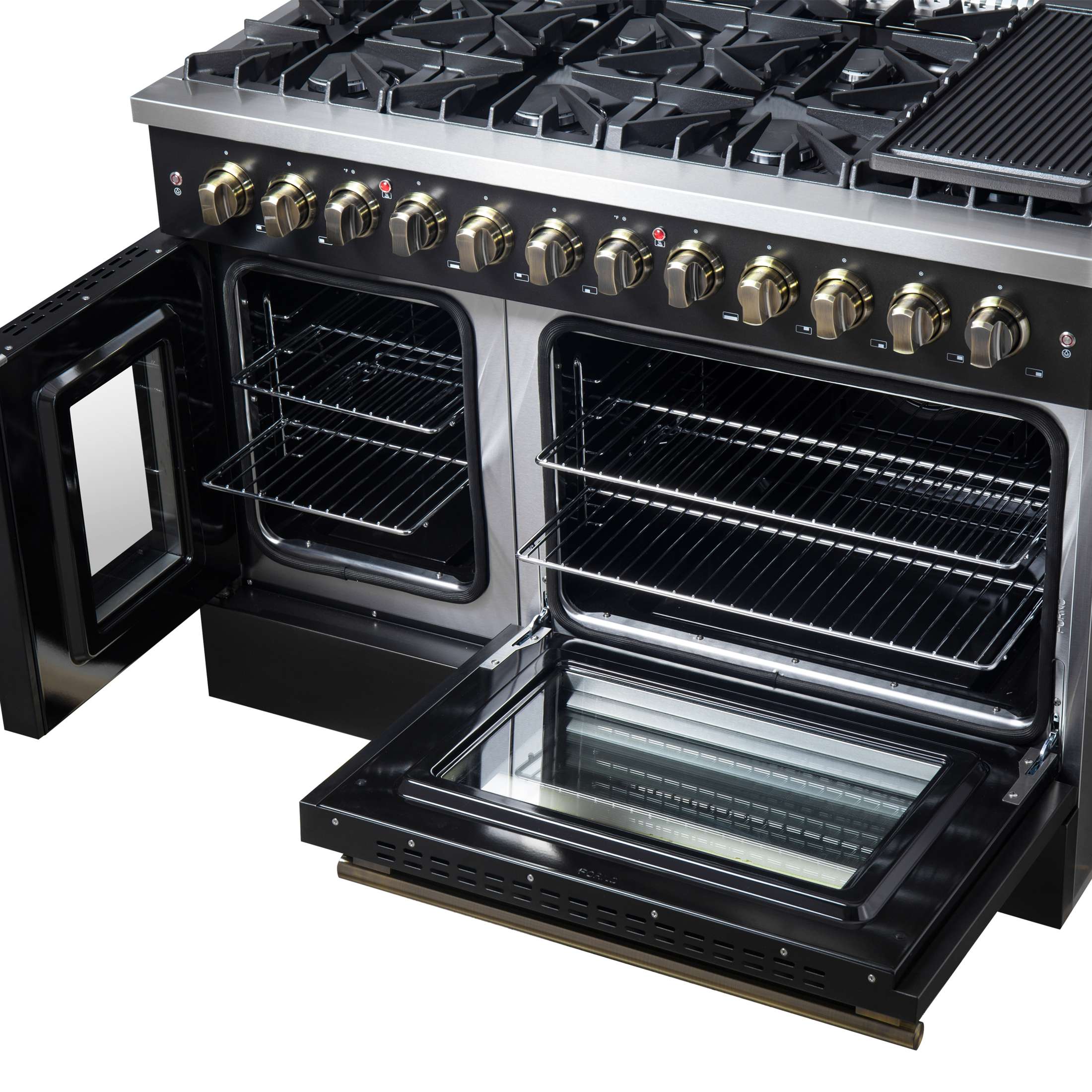 Forno Galiano 48-inch French Door Dual Fuel Range, Black & Antique Brass Design, 8 Sealed Burners - 107,000 BTU, Griddle, 6.58 cu.ft. Double Ovens