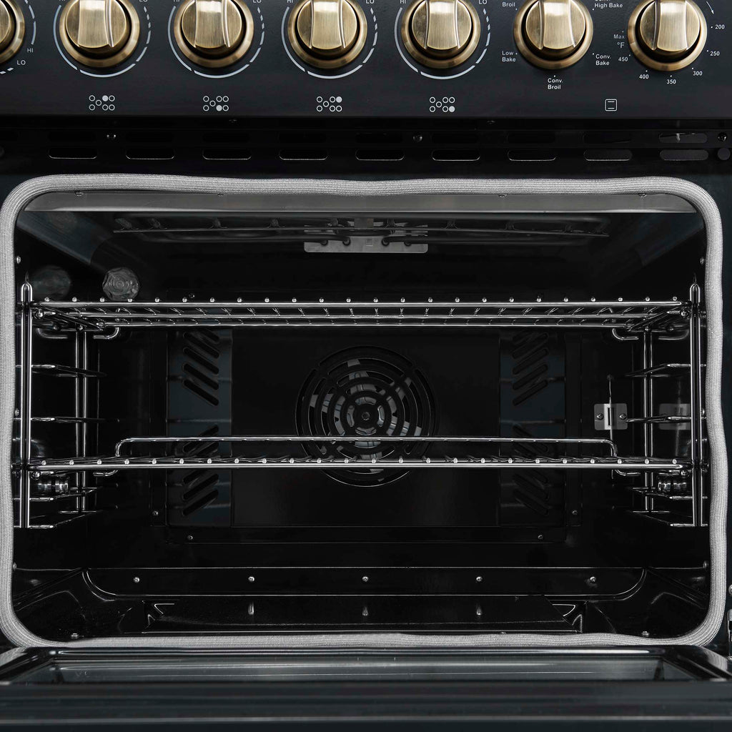 Forno Paolo 48 Inch Freestanding Electric Range in Black with Antique Brass, 6.7 cu.ft, True Convection Oven, Energy Efficient