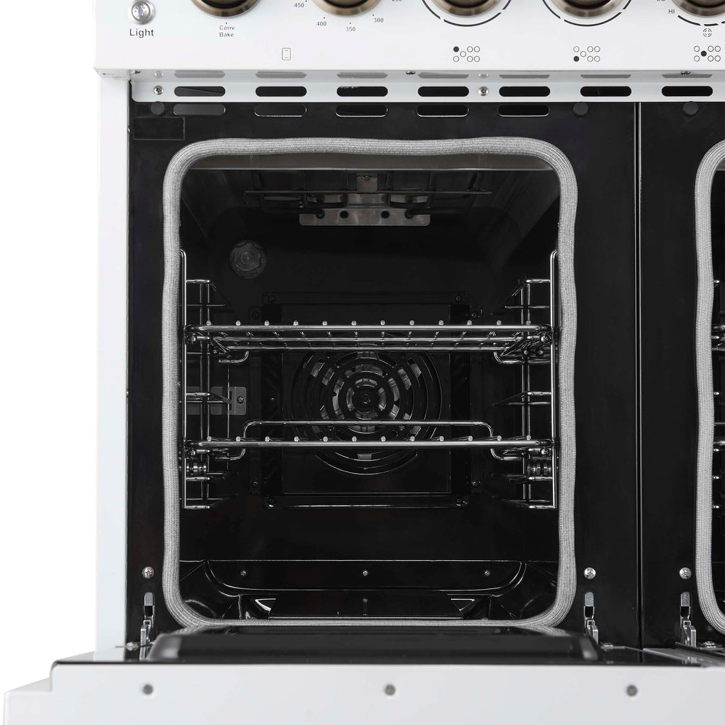 Forno Paolo 48 Inch Freestanding Electric Range in White with Antique Brass, 6.7 cu.ft, True Convection Oven, Energy Efficient