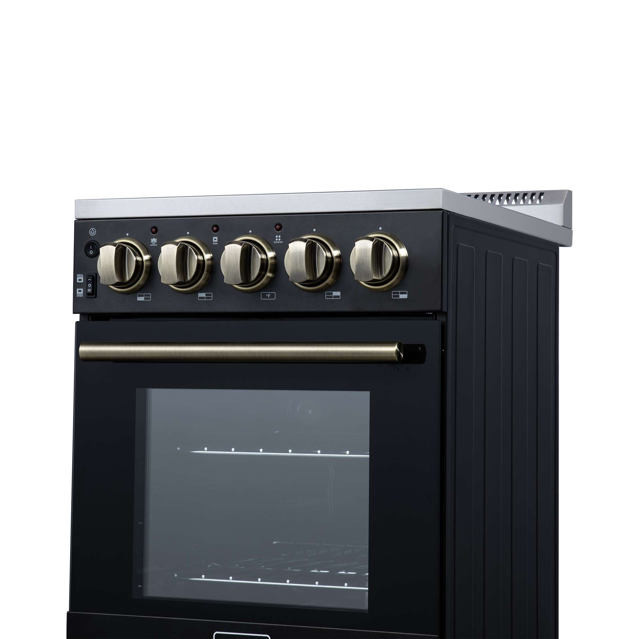 Forno Pallerano 20 Inch Freestanding Electric Range in Black with Antique Brass, Compact Design