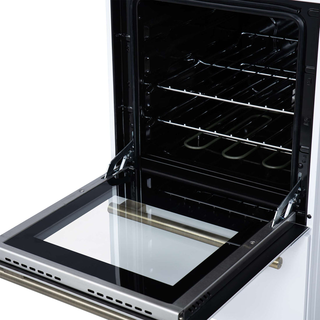 Forno Pallerano 20 Inch Freestanding Electric Range in White with Antique Brass, Compact Design