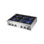 Forno Cossato Alta Qualita 36-Inch Pro-Style Gas Rangetop, Stainless Steel, 6 Sealed Burners, 83,000 BTU Total Output, Continuous Cast Iron Grates