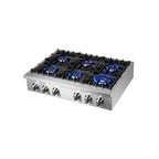 Forno Cossato Alta Qualita 36-Inch Pro-Style Gas Rangetop, Stainless Steel, 6 Sealed Burners, 83,000 BTU Total Output, Continuous Cast Iron Grates