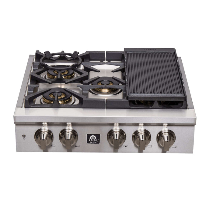 Forno Spezia Alta Qualita 30-Inch Pro-Style Gas Rangetop, Stainless Steel, 5 Sealed Burners, Continuous Cast Iron Grates, High Heat Output
