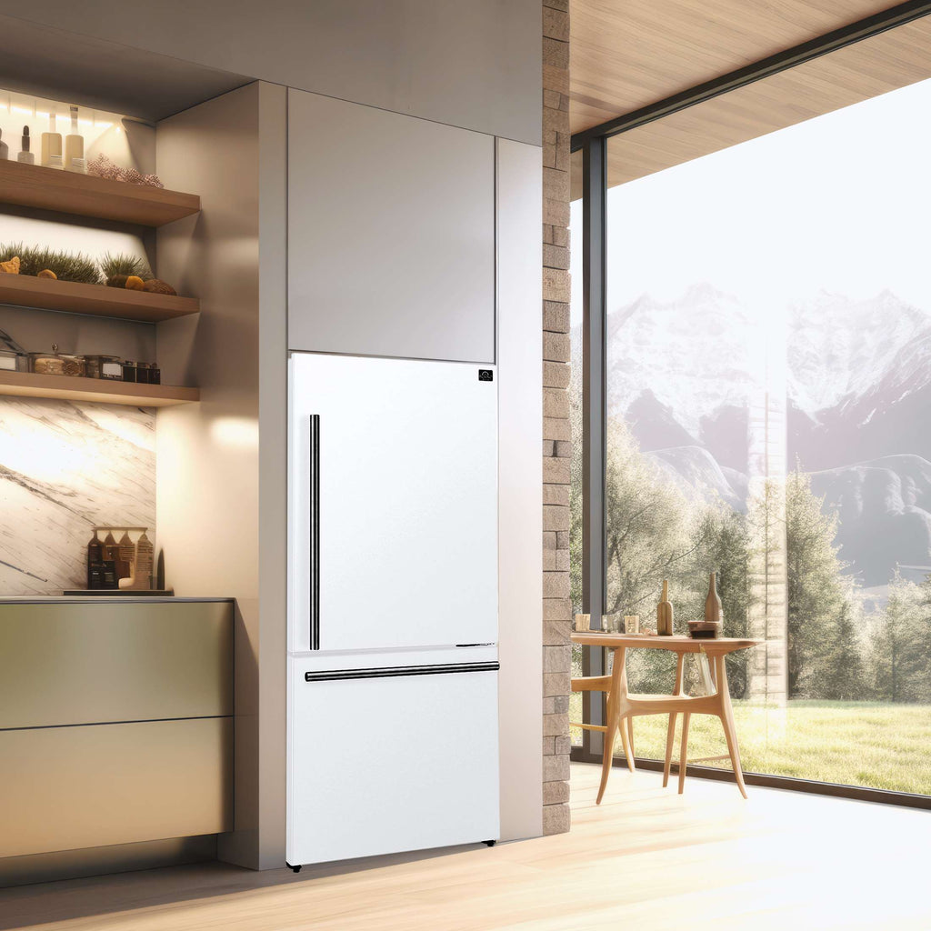 FORNO Premium 3-Piece Kitchen Bundle - Leonardo Espresso 30" White Range, 31" White Bottom Freezer Refrigerator, 24" White Built-In Dishwasher - FBDL-007-03US