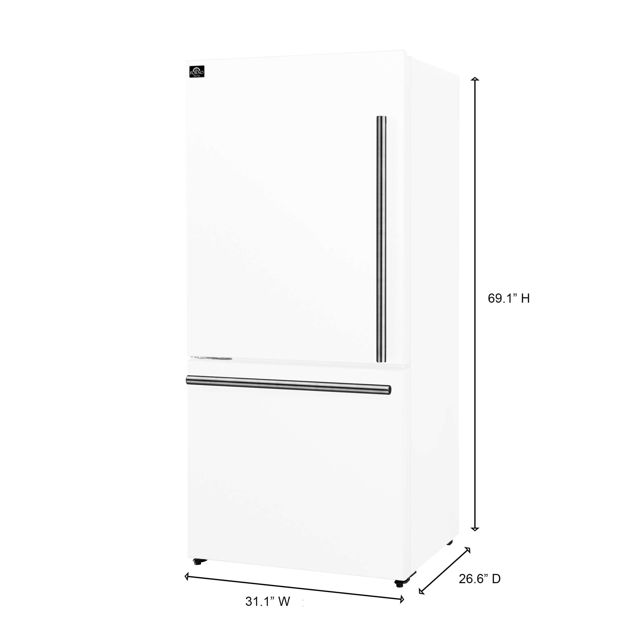 Forno Milano Espresso 31-Inch White Bottom Freezer Refrigerator, 17.2 Cu. Ft., Energy-Efficient, No Frost, Built-In Ice Maker