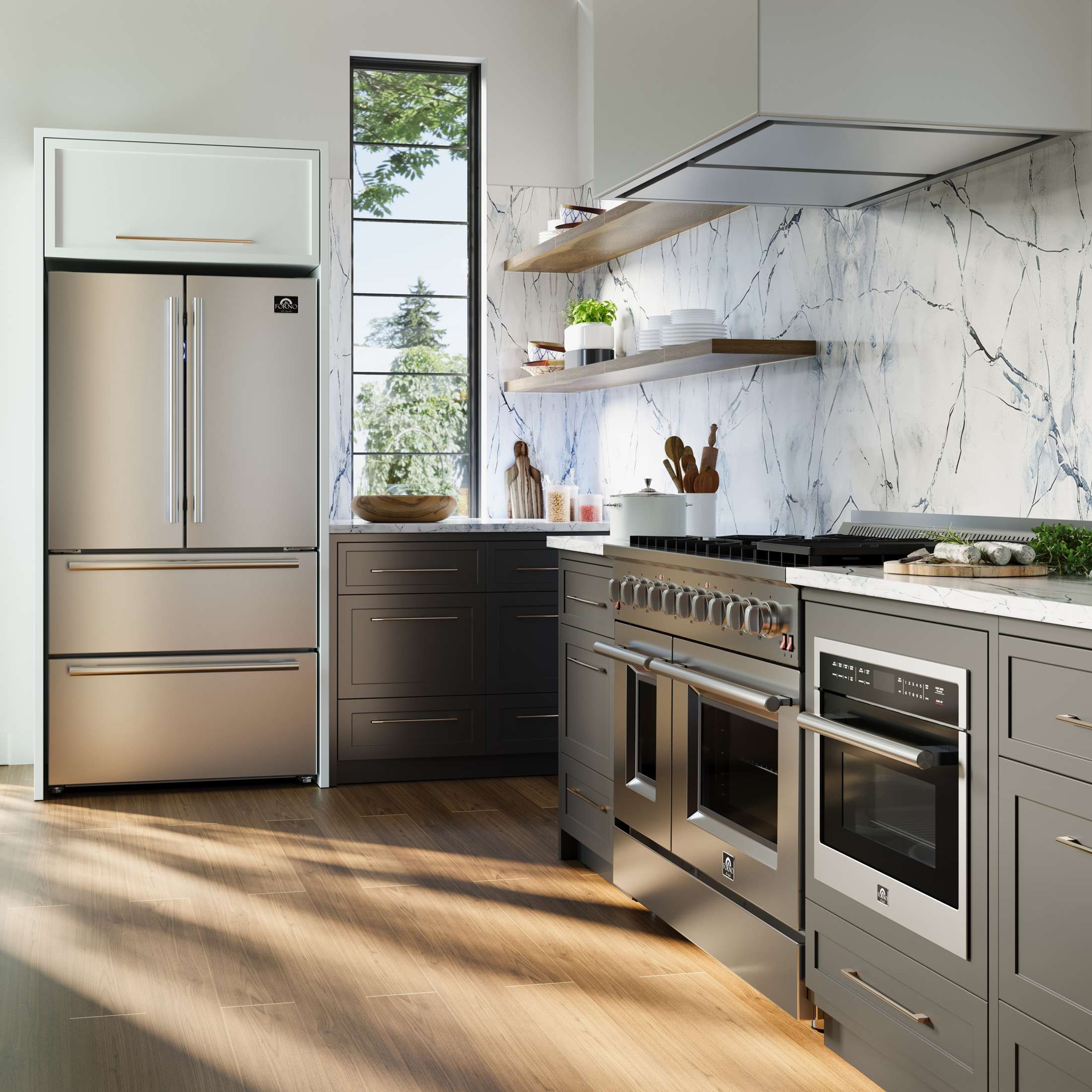 FORNO Premium 3-Piece Kitchen Bundle - FORNO Galiano 48" Freestanding Gas Range, FORNO Maderno 60" 2-Piece Convertible Refrigerator/Freezer Built-In with Decorative Grill Trim, 27.2 cu.ft., FORNO Orvieto 48" Wall Mount Range Hood - FBDL-018-04CAUS