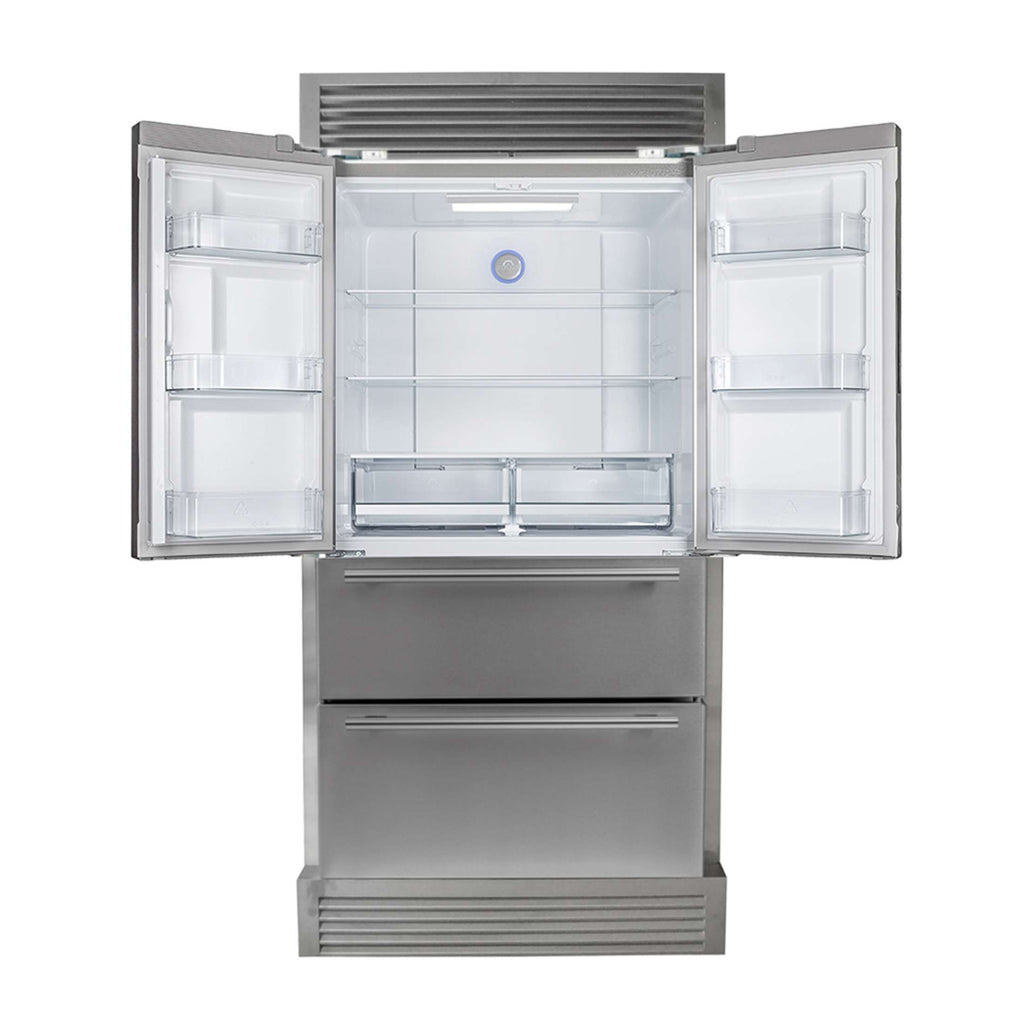 FORNO Premium 2-Piece Kitchen Bundle - Galiano 36" Stainless Steel Range, Forno Moena 36" French Door 19.2 cu. ft Stainless Steel Refrigerator, with Decorative Grill - 40" Wide - FBDL-019-03CAUS