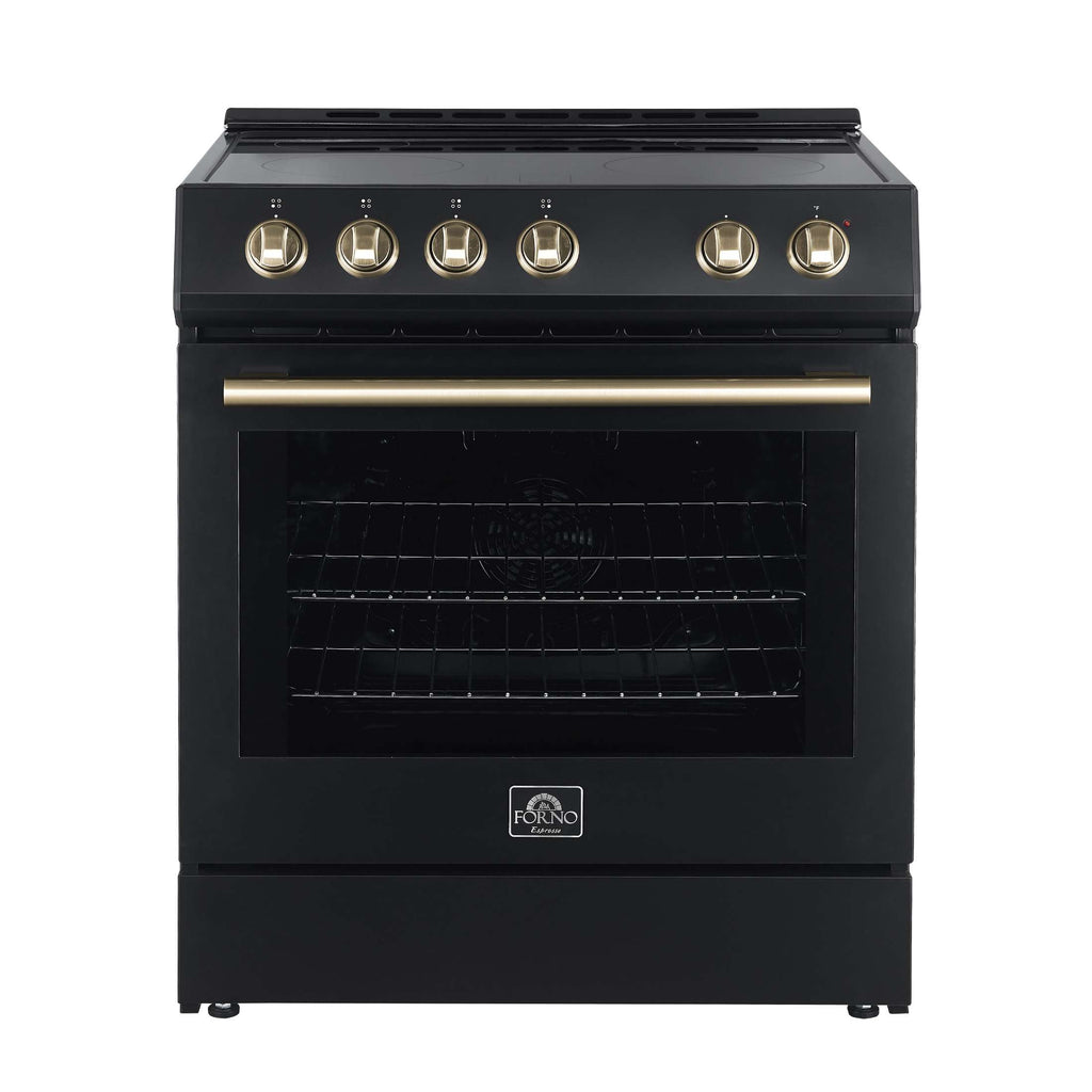 FORNO Premium 4-Piece Kitchen Bundle - Leonardo Espresso 30" Black Electric Range, 30" Black Range Hood, 31" Black Bottom Freezer Refrigerator, 24" Black Built-In Dishwasher - FBDL-006-02US