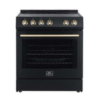 FORNO Premium 4-Piece Kitchen Bundle - Leonardo Espresso 30" Black Electric Range, 30" Black Range Hood, 31" Black Bottom Freezer Refrigerator, 24" Black Built-In Dishwasher - FBDL-006-02US