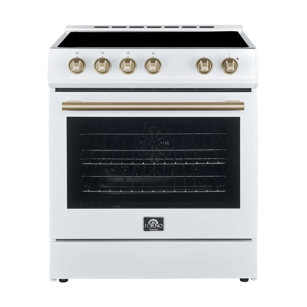 FORNO Premium 3-Piece Kitchen Bundle - Leonardo Espresso 30" White Range, 31" White Bottom Freezer Refrigerator, 24" White Built-In Dishwasher - FBDL-007-03US