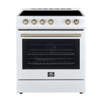 FORNO Premium 4-Piece Kitchen Bundle - Leonardo Espresso 30" White Range, 30" White Range Hood, 31" White Bottom Freezer Refrigerator, 24" White Built-In Dishwasher - FBDL-006-03US