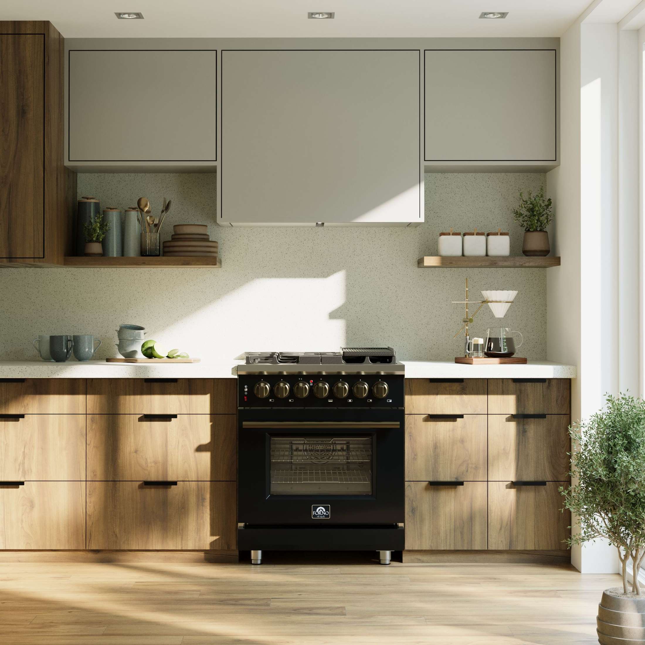 Forno Massimo 30-Inch Freestanding Dual Fuel Range in Black with Antique Brass Accessories, 4 Burners, 4.32 cu. ft. Convection Oven