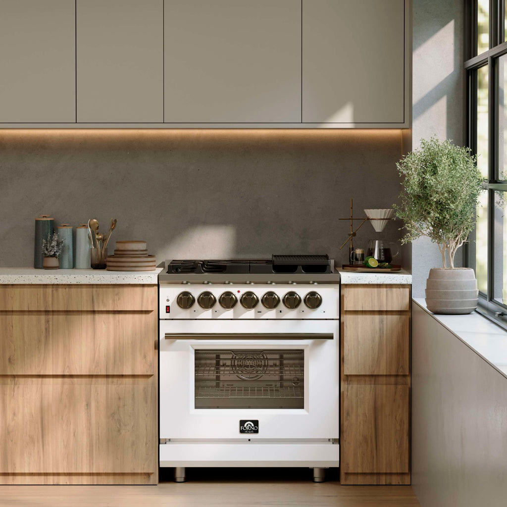 Forno Massimo 30-Inch Freestanding Dual Fuel Range in White with Antique Brass Accessories, 4 Burners, 4.32 cu. ft. Convection Oven