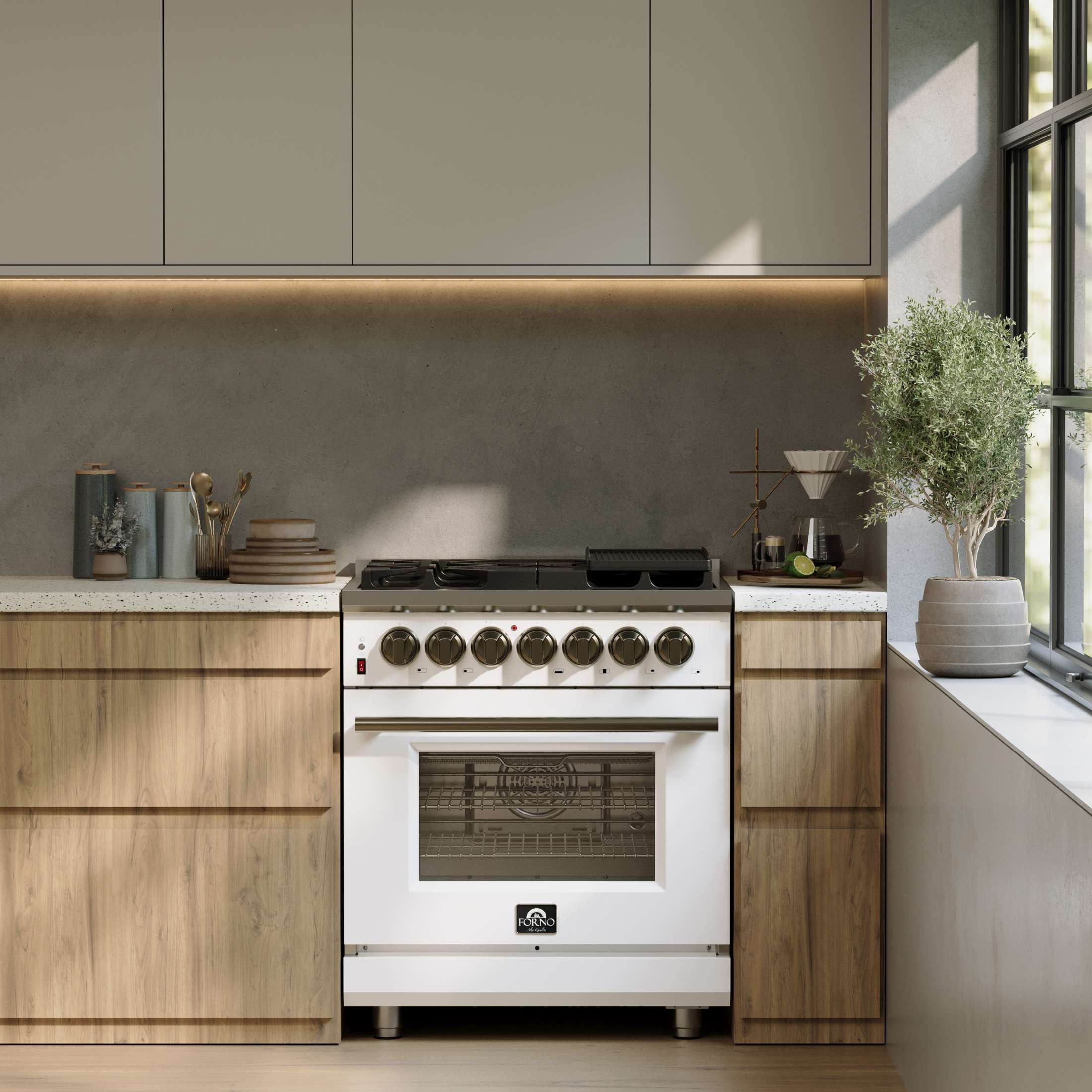 Forno Massimo 30-Inch Freestanding Dual Fuel Range in White with Antique Brass Accessories, 4 Burners, 4.32 cu. ft. Convection Oven