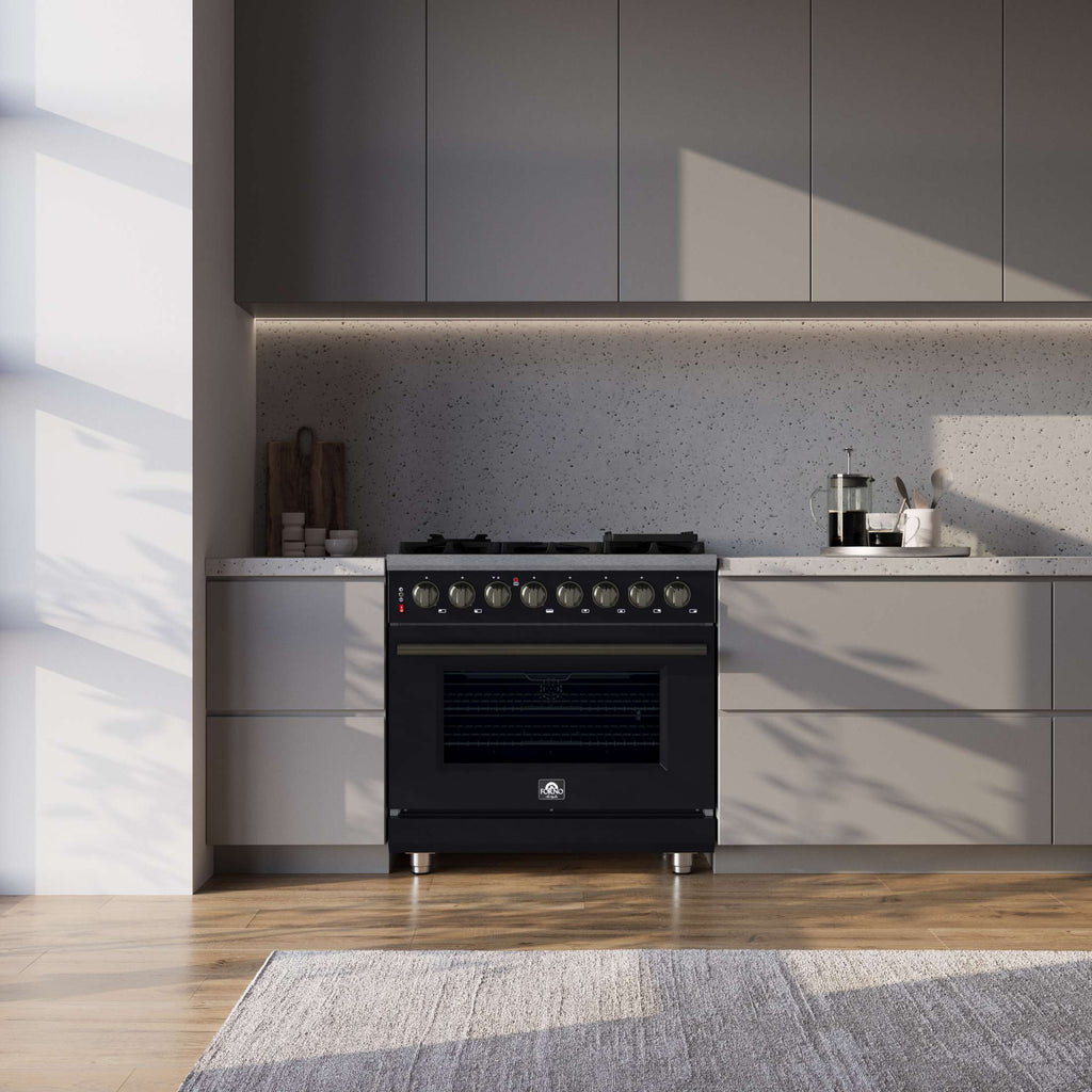 Forno Massimo 36 Inch Freestanding Dual Fuel Range in Black with Antique Brass Accessories, 6 Burners, 5.36 cu. ft. Convection Oven